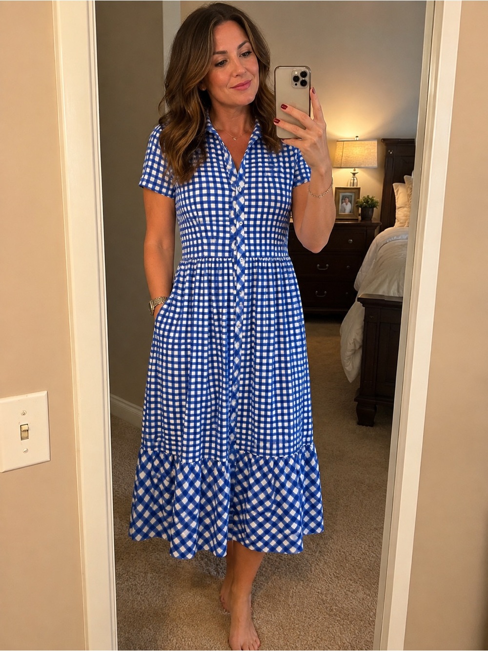 Blue Gingham Button-Front Midi Dress with Ruffle Hem